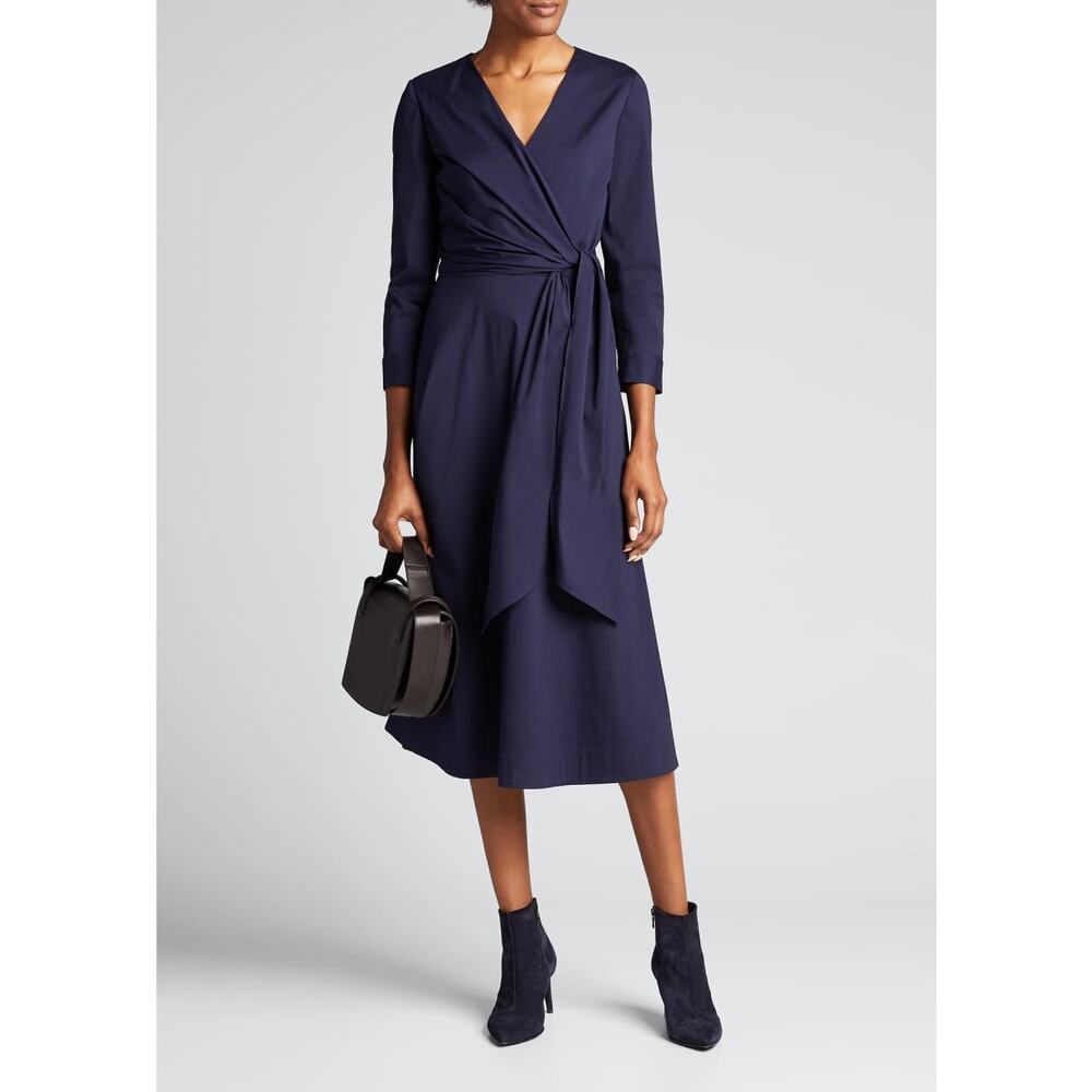 Lafayette 148 NY Penelope Stretch Cotton Wrap Midi Dress Navy Size 4 NWOT $1198